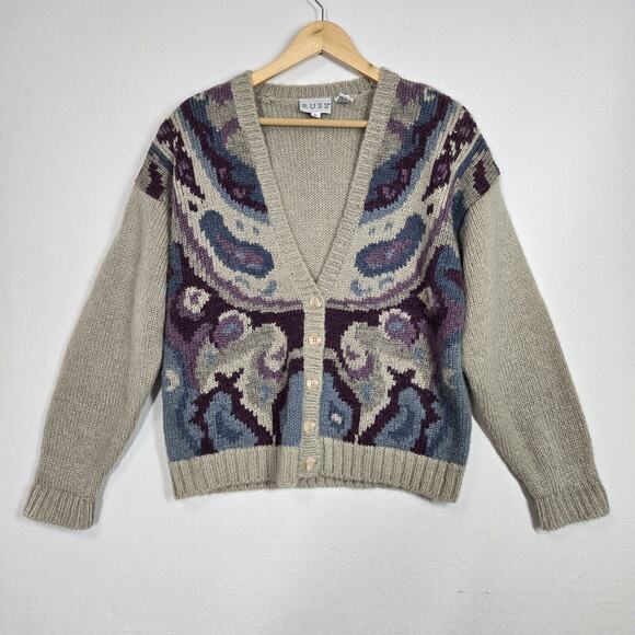 VTG Russ Mohair Wool Blend Cardigan Sweater L Gray Purple Cabincore Grandmacore - Picture 2 of 15